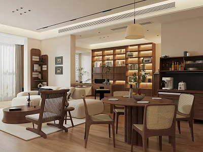 Cozy Living And Dining Room Interior With Wooden Furniture Dining Table Chairs Bookshelves And Plants 3d model