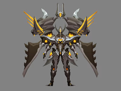 Mechanical Character and Creature With Intricate Black Silver Yellow Wings Glowing Elements Design 3d model