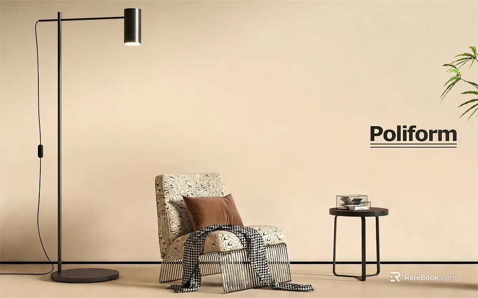Poliform Accent Chair With Brown Cushion Striped Throw And Side Table By Floor Lamp 3d model 