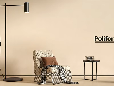 Poliform Accent Chair With Brown Cushion Striped Throw And Side Table By Floor Lamp 3d model