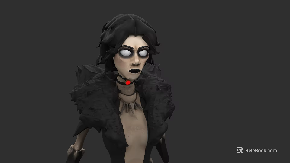 Dark Haired Woman With White Eyes Black Makeup And Red Choker In 3D Character Model 3d model 
