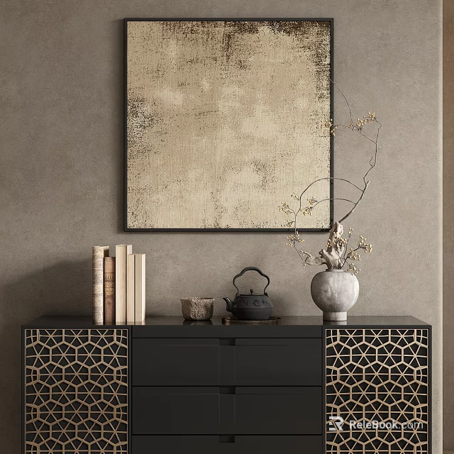 Black Geometric Patterned Entryway Console Cabinet With Books Teapot Vase And Artwork 3d model