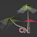 Beach Outdoor Setup With Palm Trees Yellow Red Umbrellas And Chairs