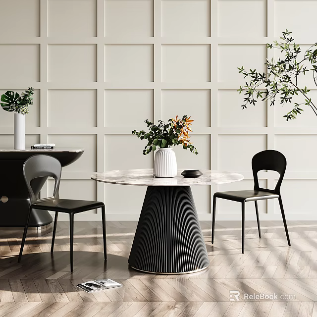 Modern Dining Table Set With Round Marble Top Black Base Black Chairs And Green Plants 3d model 