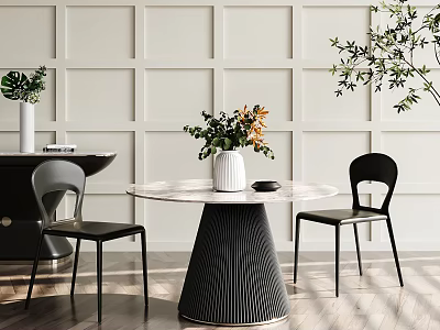 Modern Dining Table Set With Round Marble Top Black Base Black Chairs And Green Plants 3d model