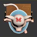 Cute Pig Doll on Wooden Swing with Blue Dress and Red Bow Smiling