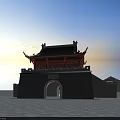 Traditional Chinese Ancient City Gate Tower With Stone Archway And Open Square Area
