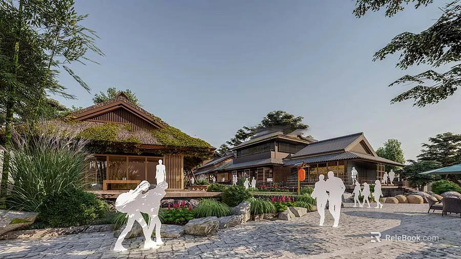Traditional Garden Space With Thatched Roof Architecture Stone Path Green Plants And Pedestrians 3d model 