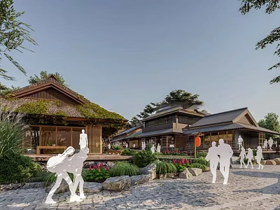 Traditional Garden Space With Thatched Roof Architecture Stone Path Green Plants And Pedestrians 3d model