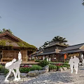 Traditional Garden Space With Thatched Roof Architecture Stone Path Green Plants And Pedestrians
