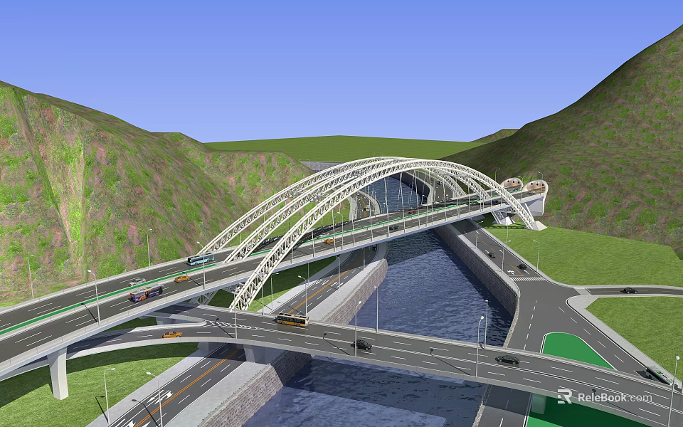 Arch Bridge Spanning River With Multi Level Roads Vehicles And Mountain Surroundings 3d model 