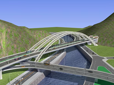 Arch Bridge Spanning River With Multi Level Roads Vehicles And Mountain Surroundings 3d model