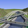 Arch Bridge Spanning River With Multi Level Roads Vehicles And Mountain Surroundings