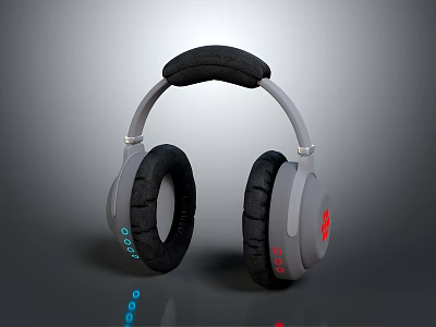 Gray Headphones with Black Ear Cups Headband and Red Logo Design 3d model