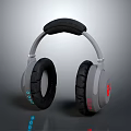 Gray Headphones with Black Ear Cups Headband and Red Logo Design