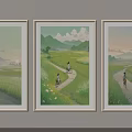 Three Framed Landscape Paintings With People Biking On Pathways Through Green Fields And Distant Mountains