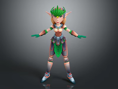 Game and Movie Character Female Elf 3D Model With Green Headdress Armor Outfit Gloves Boots 3d model