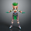 Game and Movie Character Female Elf 3D Model With Green Headdress Armor Outfit Gloves Boots
