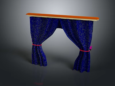 Decorative Blue Curtains With White Dots And Orange Rod Tied By Red Ribbons 3d model