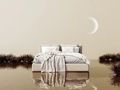 Calm Bedroom Scene With Floating Bed Water Reflection And White Moon 3d model