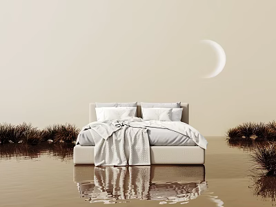 Calm Bedroom Scene With Floating Bed Water Reflection And White Moon 3d model Calm Bedroom Scene With Floating Bed Water Reflection And White Moon 3d model
