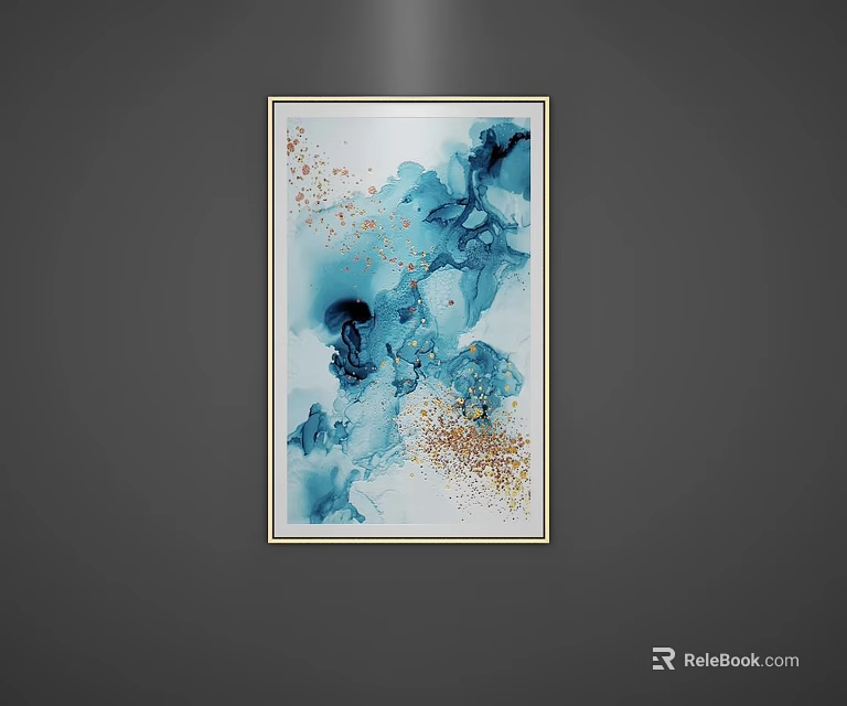 Modern Abstract Painting Featuring Blue Fluid Patterns And Golden Splatters As Wall Art 3d model 