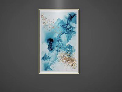Modern Abstract Painting Featuring Blue Fluid Patterns And Golden Splatters As Wall Art 3d model
