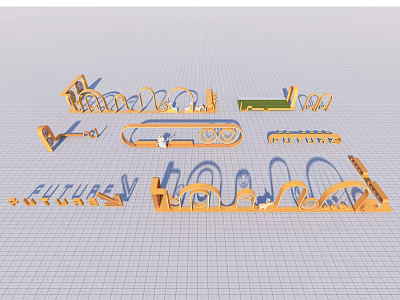 Stylish Modern Landscape Seats With Golden Curved Structures And Spiral Design Elements 3d model