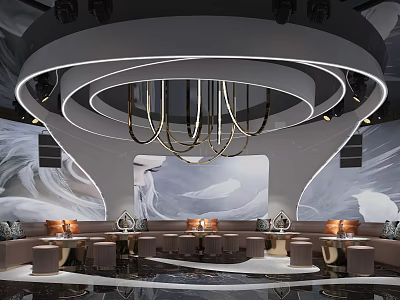 Modern KTV Interior With Circular Chandelier Artistic Wall And Sofa Seats 3d model