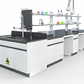 Modern Laboratory Setup With Black Lab Bench Colorful Reagent Bottles And Shelves