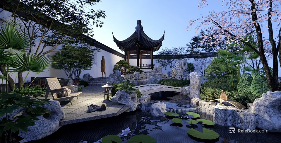 Chinese Courtyard Garden With Pagoda Stone Bridge Water Lily Pond And Cherry Blossom Tree 3d model 