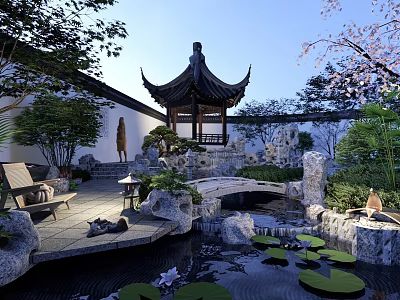 Chinese Courtyard Garden With Pagoda Stone Bridge Water Lily Pond And Cherry Blossom Tree 3d model