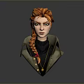 3D Female Character Bust With Orange Braided Hair Dark Turtleneck Buttoned Coat And Necklace