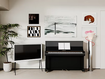Modern Piano Room Interior With Black Piano Art Decor And Plants 3d model