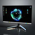 Modern Computer Monitor With Sleek Metallic Stand Colorful Circular Interface And Screen Icons