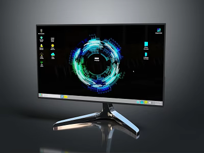 Modern Computer Monitor With Sleek Metallic Stand Colorful Circular Interface And Screen Icons 3d model