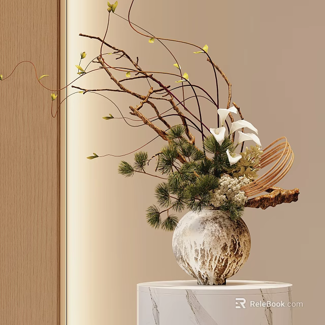 Natural Textured Ceramic Vase With White Lilies Pine Needles And Twigs 3d model 
