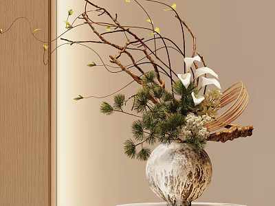 Natural Textured Ceramic Vase With White Lilies Pine Needles And Twigs 3d model