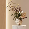 Natural Textured Ceramic Vase With White Lilies Pine Needles And Twigs