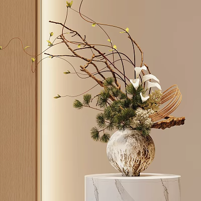 Natural Textured Ceramic Vase With White Lilies Pine Needles And Twigs 3d model
