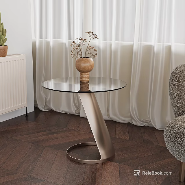 Glass Top Modern Side Table with Metal Base Decorative Vase and Curtains on Wooden Floor 3d model 