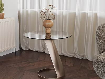 Glass Top Modern Side Table with Metal Base Decorative Vase and Curtains on Wooden Floor 3d model
