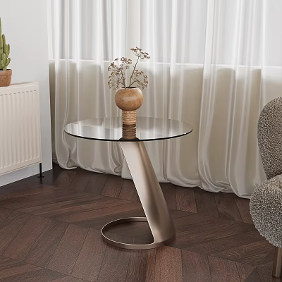 Glass Top Modern Side Table with Metal Base Decorative Vase and Curtains on Wooden Floor 3d model