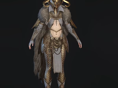 Mythic Warrior Game Movie Character With Golden Armor Fur Cape And Horned Helmet 3d model