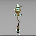 Ornate Magical Weapon with Turquoise and Golden Layered Top and Curved Staff