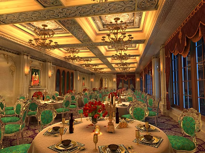 Luxurious Restaurant With Ornate Ceiling Chandeliers Green Chairs Round Tables Tablecloths Tableware Vases And Candles 3d model