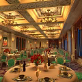 Luxurious Restaurant With Ornate Ceiling Chandeliers Green Chairs Round Tables Tablecloths Tableware Vases And Candles