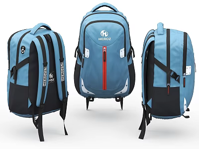 Blue HHROZ Backpacks Displayed In Multiple Angles With Black Accents And Straps 3d model