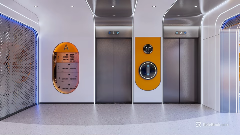 Modern Elevator Lobby With Silver Doors Orange Signage And White Walls 3d model