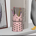 Pink Cat Shaped Pencil Holder With Black Polka Dots And Colored Pencils